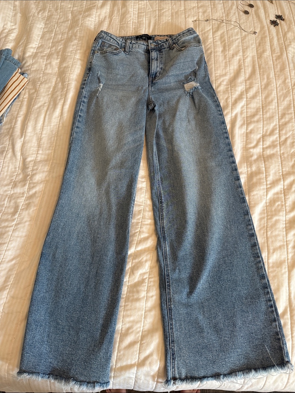 BCBGeneration Distressed High-Rise Wide-Leg Jeans - Medium Blue